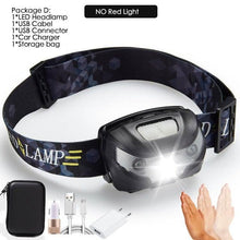 Load image into Gallery viewer, Rechargeable LED Powerfull Headlamp Flashlight USB Waterproof Headlamp Motion Body Sensor Headlight For Adults & Kids Camping Flashlight Outdoors Camping Running Biking Fishing