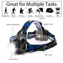 Load image into Gallery viewer, Rechargeable Ultra-bright High Lumen LED Headlamp Hands-Free USB Zoomable Headlight Waterproof Super Bright Head Lights For Fishing Camping Hiking Riding JoggingTorch Flashlight