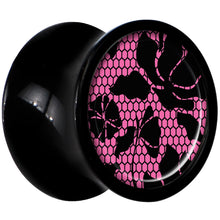 Load image into Gallery viewer, Black Acrylic Pink Floral Lace Saddle Plug Set 0G