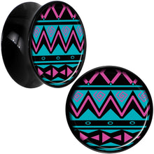 Load image into Gallery viewer, Black Acrylic Pink Teal Tribal Print Saddle Plug Set 18mm