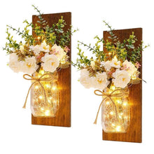 Load image into Gallery viewer, Rustic Wall Sconces Flower Lamp Mason Jar Sconce Handmade Wall Art Hanging Home Decoration 2 Set with LED Fairy Lights Decorative Peony Flower