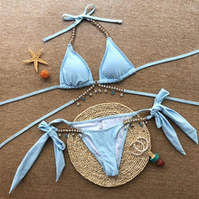Load image into Gallery viewer, Shiny Diamond Bikini Push Up Halter Swimsuit Female Crystal Swimwear Women Bathing Suit New Women's Crystal Diamond Swimsuit High Cut Bikini Set Straps Two Piece Bathing Suit