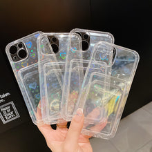 Load image into Gallery viewer, Shiny Holographic Heart Phone Case For iPhone 14 13 Pro Max 11 12 XR 6 7 8 Plus XS X SE 2 Clear Wallet Card Holder Storage Cover Love Heart Pattern Cute Case with Card Holder Soft Cover for iPhone Transparent Phone Case