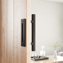 Load image into Gallery viewer, Sliding Barn Door Handle Pull Cabinet Flush Hardware Set Wood Door Handle Interior Door Furniture Handle Hardware Sliding Barn Door Pull Handle with Flush Hardware Set Heavy Duty Solid Square Rustic Style Black Powder Coated Finish