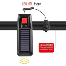 Load image into Gallery viewer, Solar Charging Bicycle Light LED Road Mountain Bike Front Light Waterproof Bicycle Bell Light Rechargeable Headlight Horn Solar Powered USB 3 Mode Bicycle Headlight Combinations Front Light And Bell For Cycling Riding