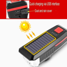 Load image into Gallery viewer, Solar Charging Bicycle Light LED Road Mountain Bike Front Light Waterproof Bicycle Bell Light Rechargeable Headlight Horn Solar Powered USB 3 Mode Bicycle Headlight Combinations Front Light And Bell For Cycling Riding