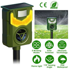 Load image into Gallery viewer, Solar Ultrasonic Animal Repeller with Flame Light USB Charge Motion Sensor