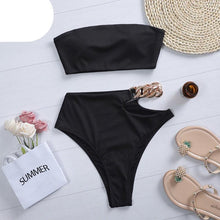 Load image into Gallery viewer, Solid Bikini High Waist Swimwear Female Chain Swimsuit Women 2 Pieces Set Sports Bathing Suit Women's Bikini Set Two Piece Smocked Swimsuits Ruffle Off Shoulder Bathing Suit With High Waist Bottoms