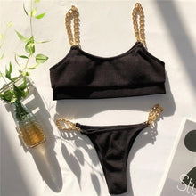 Load image into Gallery viewer, Solid Bikini High Waist Swimwear Female Chain Swimsuit Women 2 Pieces Set Sports Bathing Suit Women's Bikini Set Two Piece Smocked Swimsuits Ruffle Off Shoulder Bathing Suit With High Waist Bottoms