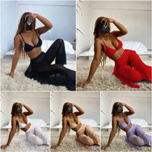 Load image into Gallery viewer, Solid bikini Mesh 3 Pieces Set Swimsuit 3 Pieces Swimsuit Solid Padded Swimwear with Maxi Wrap Skirt Beach Vacation Swim Bath Wear Women Elegant Swimwear Female Ruffle Swimming Suit Sports Bathing Suit