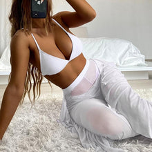 Load image into Gallery viewer, Solid bikini Mesh 3 Pieces Set Swimsuit 3 Pieces Swimsuit Solid Padded Swimwear with Maxi Wrap Skirt Beach Vacation Swim Bath Wear Women Elegant Swimwear Female Ruffle Swimming Suit Sports Bathing Suit