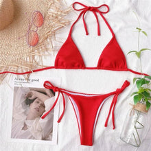 Load image into Gallery viewer, Solid Triangle Bikini Swimwear Women Bandage Backless Two Pieces Swimsuit Women Beachwear Set Women's Halter Triangle Bikini Thong Bottom Cheeky Two Piece Swimsuits