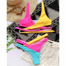 Load image into Gallery viewer, Splicing Bikini Female Swimsuit Two Piece Bikini Swimsuit for Women High Waist Crisscross Halter Wrap Bathing Suits with Bikini Bottom Women Swimwear Two-piece Bikini set Asymmetric Mid Waist Bather Bathing Suit Swim
