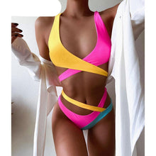 Load image into Gallery viewer, Splicing Bikini Female Swimsuit Two Piece Bikini Swimsuit for Women High Waist Crisscross Halter Wrap Bathing Suits with Bikini Bottom Women Swimwear Two-piece Bikini set Asymmetric Mid Waist Bather Bathing Suit Swim