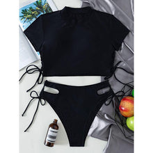 Load image into Gallery viewer, Sport Solid Color Athletic Bikinis Set Women's Two Piece Swimsuits Tie Knot Padded Push Up Modern Bikini Sets Women High Waist Swimsuit Rope Bow Bikini Set With Long Sleeves Bathing Suits