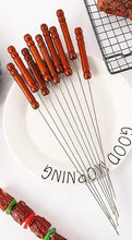 Load image into Gallery viewer, Stainless Steel Barbeque Stick with Wooden Handle Round Barbeque Pin Flat Barbeque Lamb Skewer Barbeque Stick Anti Scald Long Grilling Kebab Skewers Reusable BBQ Sticks for Outdoor Camping Outings Cooking