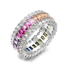 Load image into Gallery viewer, Sterling Silver Emerald Cut Rainbow Prong Eternity Band