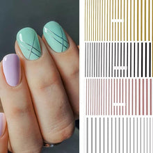 Load image into Gallery viewer, Stripe Line Nail Sticker Decal Thin Lining Line Art Self-Adhesive Peel Off Silver /Gold /White /Black Gold Stickers Accessories Strip Line Nail Decal Self-Adhesive 3D Wave Decal Decoration Metallic Curve Design Decoration for Women Girls
