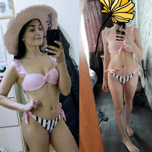 Load image into Gallery viewer, Striped Lace Ruffle Push Up Women Swimsuit Female Swimwear Bra Cup Bikini Set High Cut Bathing Suit Women Two Piece Swimsuits Push Up Bikini Sets Bathing Suits Ruffle Bikini Tops With Bottoms For Teen Girls