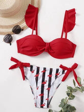 Load image into Gallery viewer, Striped Lace Ruffle Push Up Women Swimsuit Female Swimwear Bra Cup Bikini Set High Cut Bathing Suit Women Two Piece Swimsuits Push Up Bikini Sets Bathing Suits Ruffle Bikini Tops With Bottoms For Teen Girls