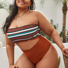 Load image into Gallery viewer, Striped Plus Size Women 2 Pieces Bikini Women's Plus Size Bathing Suits Two Piece High Cut Bikini Sets Waist Swimsuits Swimwear Large Size Swimsuit Off Shoulder High Waist Bathing Suit High Cut Swimwear
