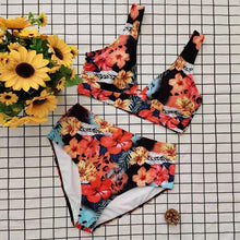 Load image into Gallery viewer, Striped Plus Size Women 2 Pieces Bikini Women's Plus Size Bathing Suits Two Piece High Cut Bikini Sets Waist Swimsuits Swimwear Large Size Swimsuit Off Shoulder High Waist Bathing Suit High Cut Swimwear