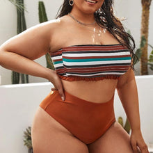 Load image into Gallery viewer, Striped Plus Size Women 2 Pieces Bikini Women's Plus Size Bathing Suits Two Piece High Cut Bikini Sets Waist Swimsuits Swimwear Large Size Swimsuit Off Shoulder High Waist Bathing Suit High Cut Swimwear