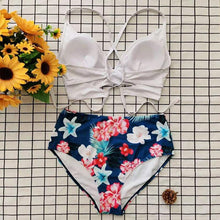 Load image into Gallery viewer, Striped Plus Size Women 2 Pieces Bikini Women's Plus Size Bathing Suits Two Piece High Cut Bikini Sets Waist Swimsuits Swimwear Large Size Swimsuit Off Shoulder High Waist Bathing Suit High Cut Swimwear