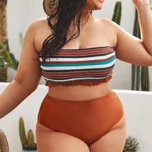 Load image into Gallery viewer, Striped Plus Size Women 2 Pieces Bikini Women's Plus Size Bathing Suits Two Piece High Cut Bikini Sets Waist Swimsuits Swimwear Large Size Swimsuit Off Shoulder High Waist Bathing Suit High Cut Swimwear