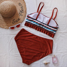 Load image into Gallery viewer, Striped Plus Size Women 2 Pieces Bikini Women's Plus Size Bathing Suits Two Piece High Cut Bikini Sets Waist Swimsuits Swimwear Large Size Swimsuit Off Shoulder High Waist Bathing Suit High Cut Swimwear