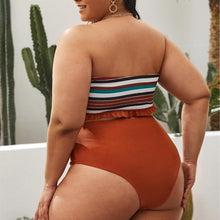 Load image into Gallery viewer, Striped Plus Size Women 2 Pieces Bikini Women's Plus Size Bathing Suits Two Piece High Cut Bikini Sets Waist Swimsuits Swimwear Large Size Swimsuit Off Shoulder High Waist Bathing Suit High Cut Swimwear