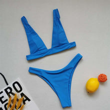 Load image into Gallery viewer, Summer Bikini Stylish Swimwear Women Halter Push Up Bikini Women's Neck Triangle Bikini Set Leopard Print Two Piece Swimsuits Set Swimsuit Female Lemon Print Bandage Bathing Suit