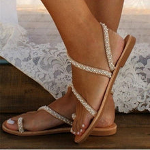 Load image into Gallery viewer, Summer Flat Sandals Sweet Pearl Decoration Sandals Leather Flats Women Beach Holiday Shoes Rhinestones Flat Strap Sandals Comfort Open Toe Flat Luxury Women Sandals