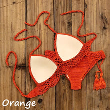 Load image into Gallery viewer, Summer Hand Crochet Women Swimwear Crop Top Push Up Bikini Set Beach Swimsuit Suit Tassel Swim Beach Beachwear Bikini Bra Bikini Swimsuit Women Beach Crochet Crop Summer Halter Bikini