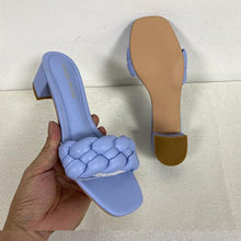Load image into Gallery viewer, Summer Solid Weave Women Square Heel Sandal Fashion Thick High Heels Outdoor Party Slides Sandals Womens Open Toe Flat Slip-on Leather Weave Casual Walking Slippers Flip Flop