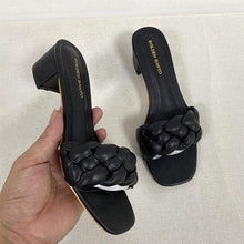 Load image into Gallery viewer, Summer Solid Weave Women Square Heel Sandal Fashion Thick High Heels Outdoor Party Slides Sandals Womens Open Toe Flat Slip-on Leather Weave Casual Walking Slippers Flip Flop