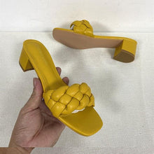 Load image into Gallery viewer, Summer Solid Weave Women Square Heel Sandal Fashion Thick High Heels Outdoor Party Slides Sandals Womens Open Toe Flat Slip-on Leather Weave Casual Walking Slippers Flip Flop
