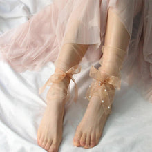 Load image into Gallery viewer, Summer Ultra-Thin Tulle Socks Women Transparent Pearls Long Socks Female Chiffon Lace Up Funny Socks Streetwear See Through Socks Princess Cute Socks For Women