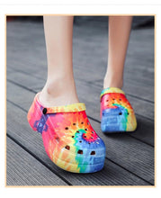 Load image into Gallery viewer, Summer Women Clogs Quick Dry Rainbow Tie Thick Wedges Garden Shoes Beach Sandals Flip Flops For Women Slipper Lightweight Home Slip On Walking Casual Art Painted Travel Holiday Shoes