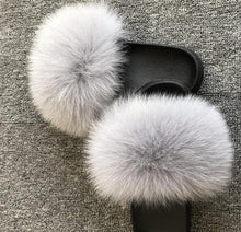 Load image into Gallery viewer, Summer Women Fox Fur Slippers Indoor Slides Fashion Flip Flops Casual Sandals Furry Fluffy Plush Slides Lightweight House Slippers Fluffy Sandals Outdoor Indoor Women Shoes