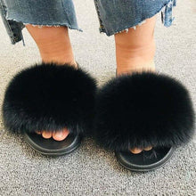Load image into Gallery viewer, Summer Women Fox Fur Slippers Indoor Slides Fashion Flip Flops Casual Sandals Furry Fluffy Plush Slides Lightweight House Slippers Fluffy Sandals Outdoor Indoor Women Shoes