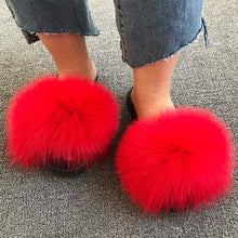 Load image into Gallery viewer, Summer Women Fox Fur Slippers Indoor Slides Fashion Flip Flops Casual Sandals Furry Fluffy Plush Slides Lightweight House Slippers Fluffy Sandals Outdoor Indoor Women Shoes