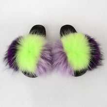 Load image into Gallery viewer, Summer Women Raccoon Fur Slippers Plush Slides Furry Sandals Fluffy House Shoes Girl's Cute Flip Flops Sandal With Soft Furry Faux Fox Fur House Outdoor Multicolor Slippers