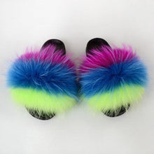 Load image into Gallery viewer, Summer Women Raccoon Fur Slippers Plush Slides Furry Sandals Fluffy House Shoes Girl's Cute Flip Flops Sandal With Soft Furry Faux Fox Fur House Outdoor Multicolor Slippers