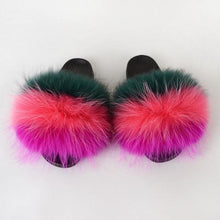 Load image into Gallery viewer, Summer Women Raccoon Fur Slippers Plush Slides Furry Sandals Fluffy House Shoes Girl's Cute Flip Flops Sandal With Soft Furry Faux Fox Fur House Outdoor Multicolor Slippers