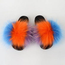 Load image into Gallery viewer, Summer Women Raccoon Fur Slippers Plush Slides Furry Sandals Fluffy House Shoes Girl's Cute Flip Flops Sandal With Soft Furry Faux Fox Fur House Outdoor Multicolor Slippers