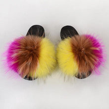 Load image into Gallery viewer, Summer Women Raccoon Fur Slippers Plush Slides Furry Sandals Fluffy House Shoes Girl's Cute Flip Flops Sandal With Soft Furry Faux Fox Fur House Outdoor Multicolor Slippers