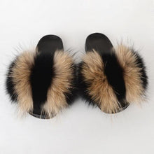 Load image into Gallery viewer, Summer Women Raccoon Fur Slippers Plush Slides Furry Sandals Fluffy House Shoes Girl's Cute Flip Flops Sandal With Soft Furry Faux Fox Fur House Outdoor Multicolor Slippers