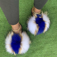 Load image into Gallery viewer, Summer Women Raccoon Fur Slippers Plush Slides Furry Sandals Fluffy House Shoes Girl's Cute Flip Flops Sandal With Soft Furry Faux Fox Fur House Outdoor Multicolor Slippers