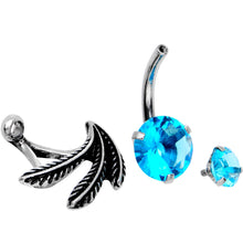 Load image into Gallery viewer, Blue CZ Gem Feather Trio Dangle Belly Ring